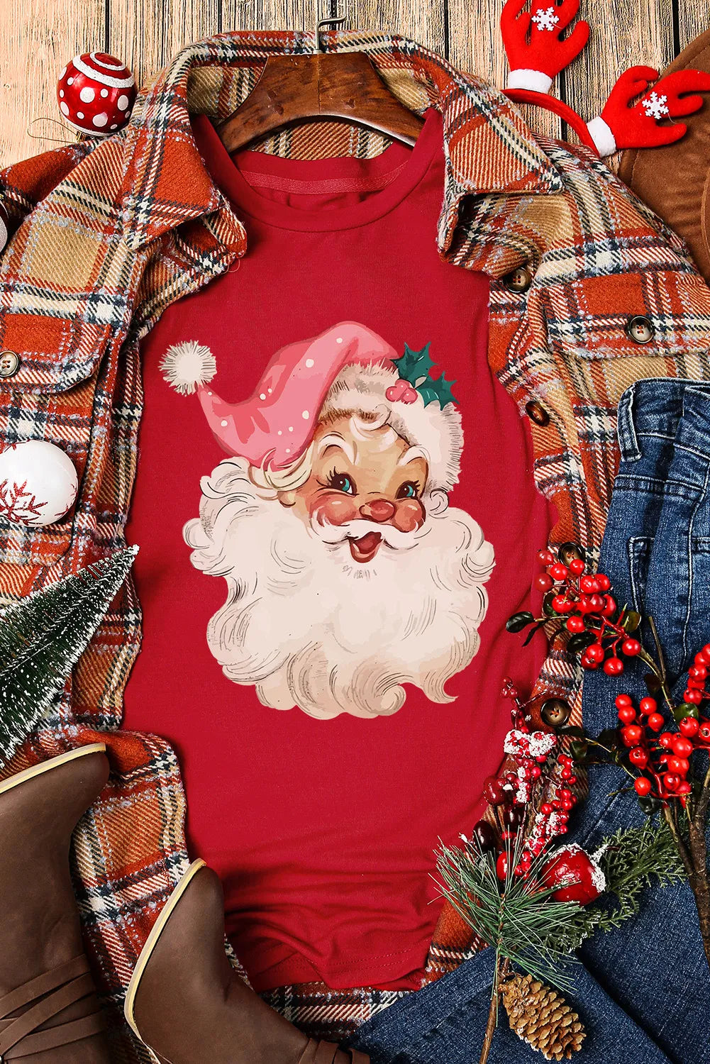Santa Round Neck Short Sleeve T-Shirt-Angel Casuals