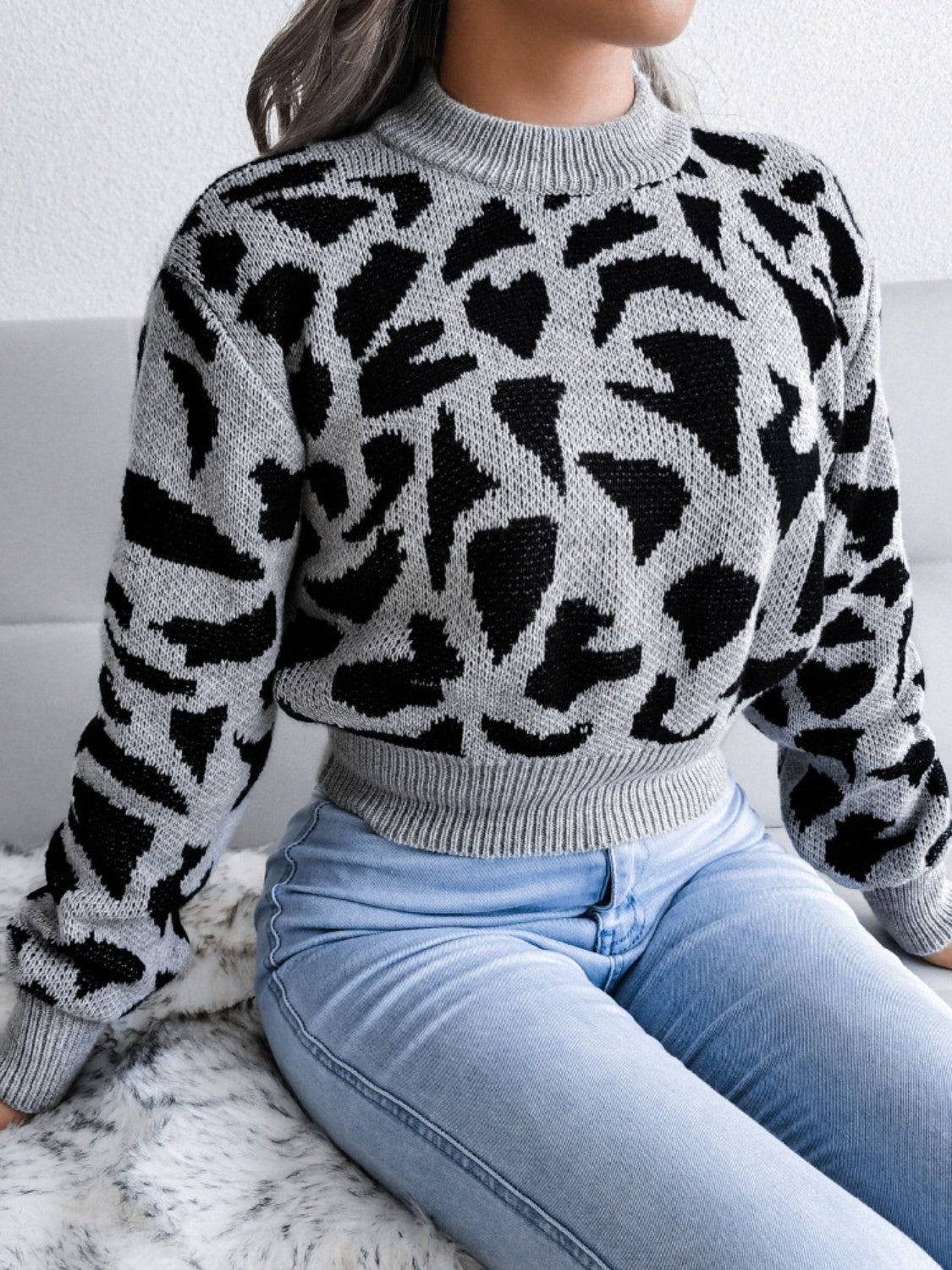 Leopard Round Neck Dropped Shoulder Sweater-Angel Casuals