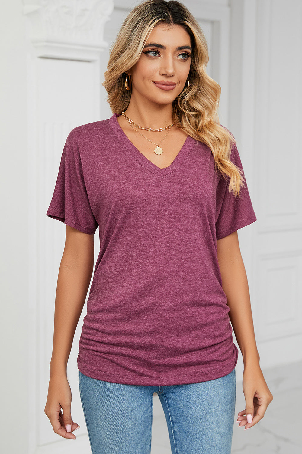 Ruched V-Neck Short Sleeve T-Shirt-Angel Casuals