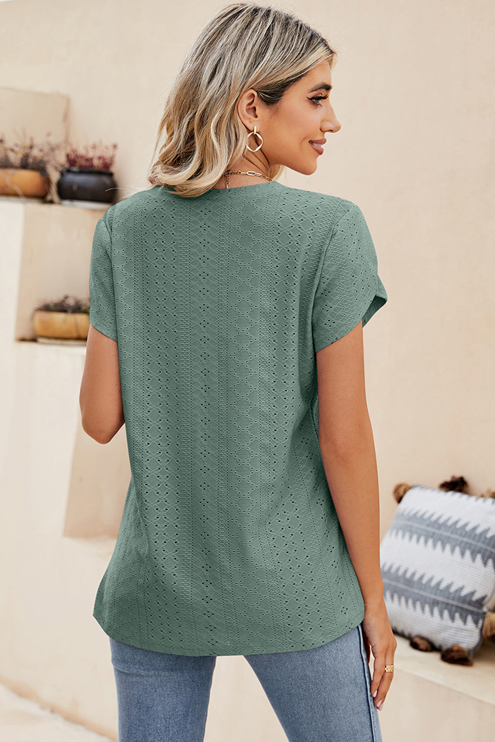 Eyelet V-Neck Petal Sleeve T-Shirt-Angel Casuals