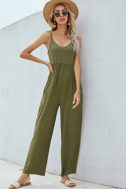 V-Neck Spaghetti Strap Wide Leg Jumpsuit-Angel Casuals