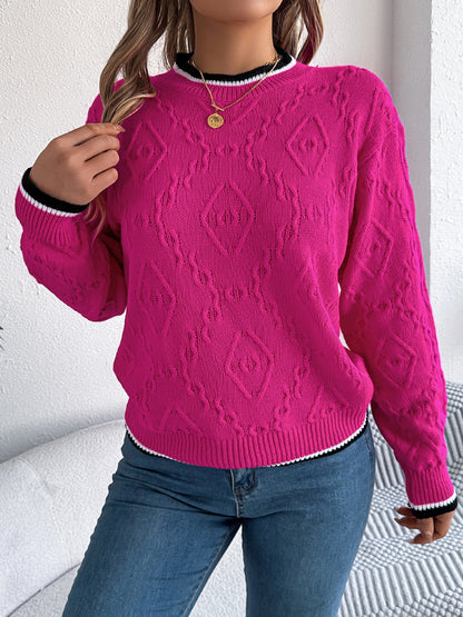 Contrast Trim Round Neck Long Sleeve Sweater-Angel Casuals