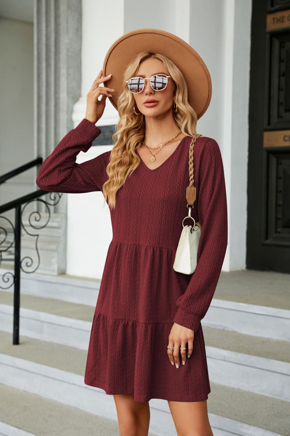 V-Neck Long Sleeve Mini Dress-Angel Casuals