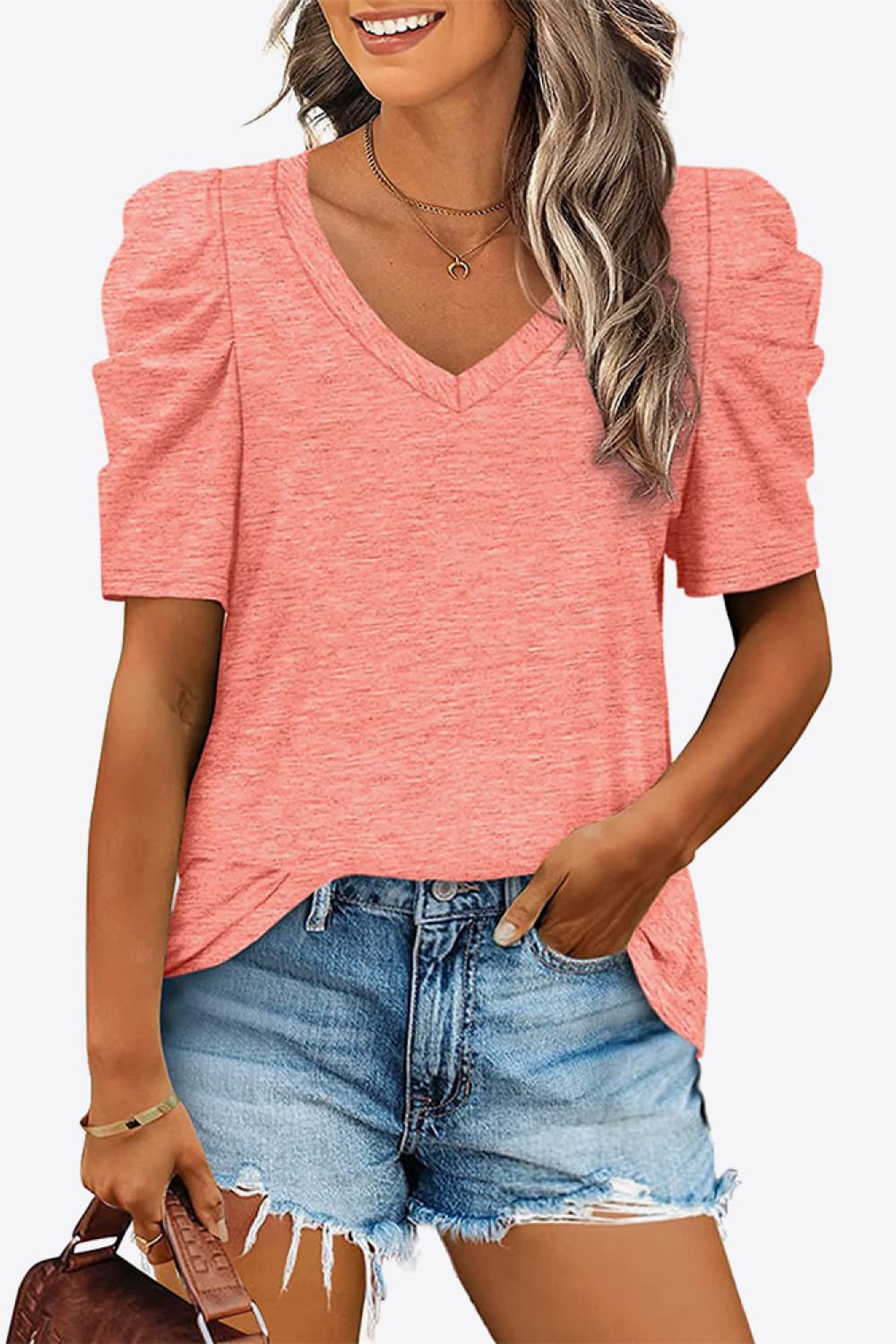 V-Neck Puff Sleeve Tee-Angel Casuals