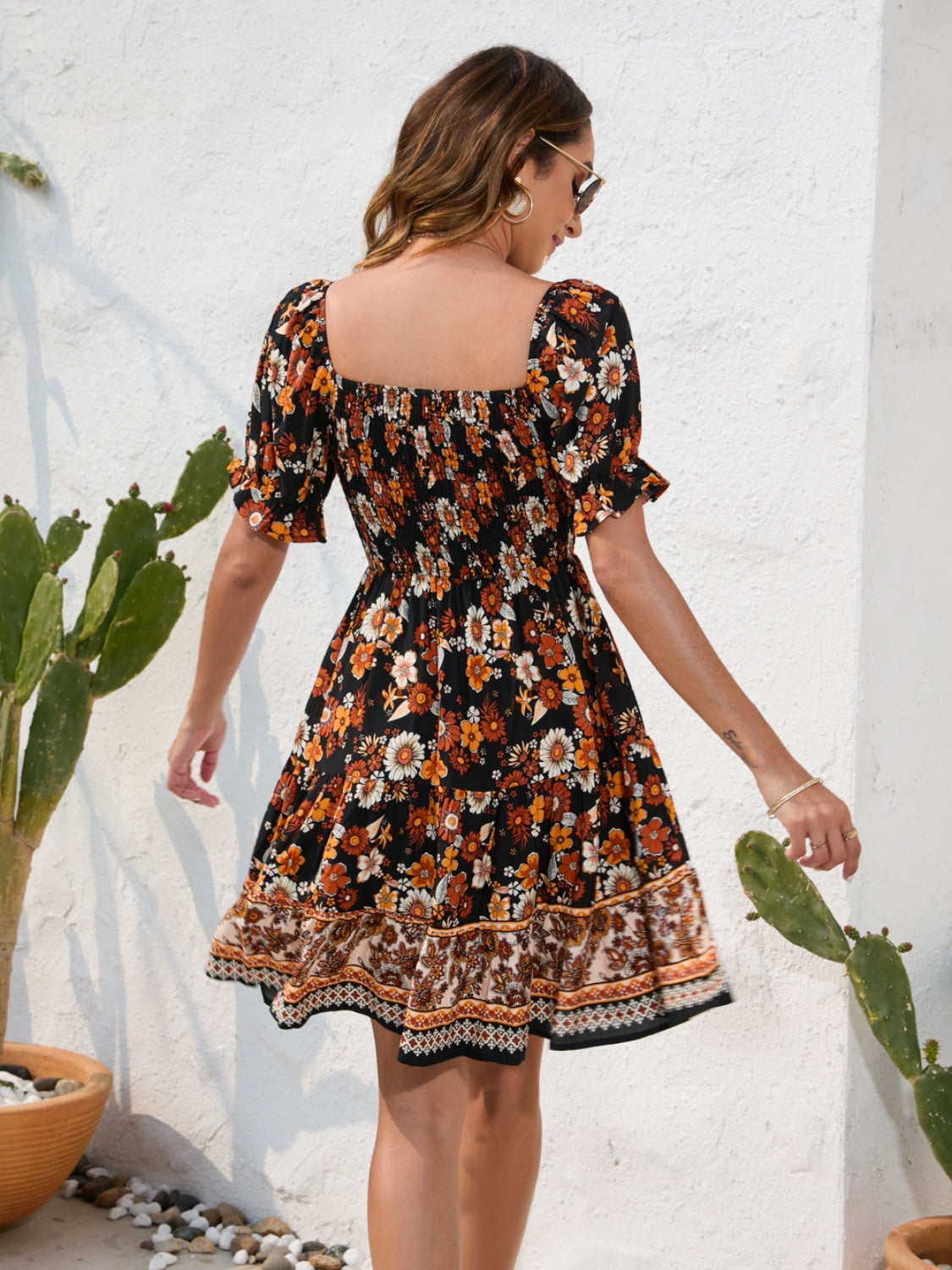 Printed Square Neck Short Sleeve Dress-Angel Casuals