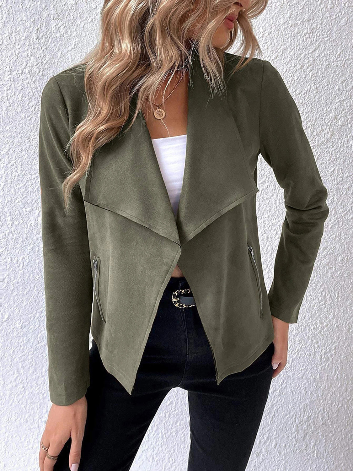 Collared Neck Long Sleeve Jacket-Angel Casuals