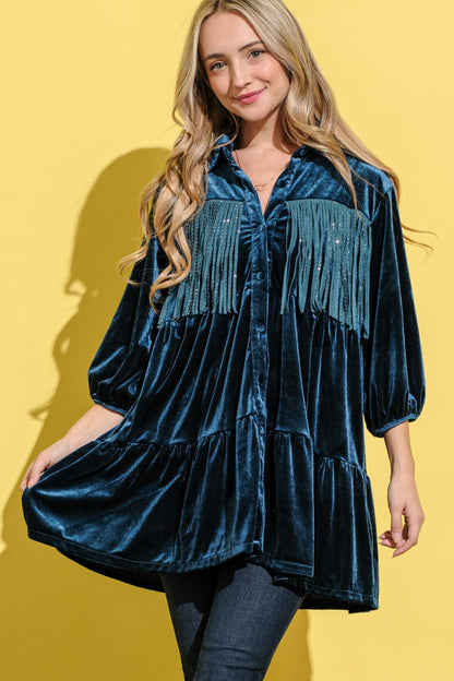 And The Why Fringe Detailed Velvet Shirt Dress-Angel Casuals