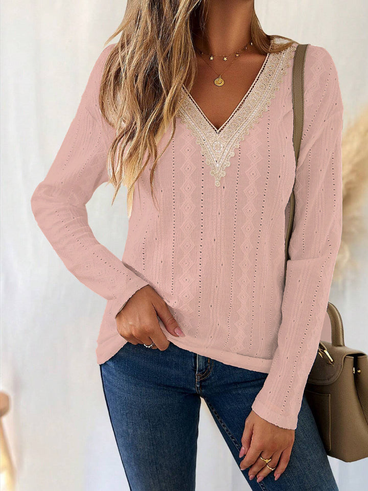 Eyelet V-Neck Dropped Shoulder T-Shirt-Angel Casuals