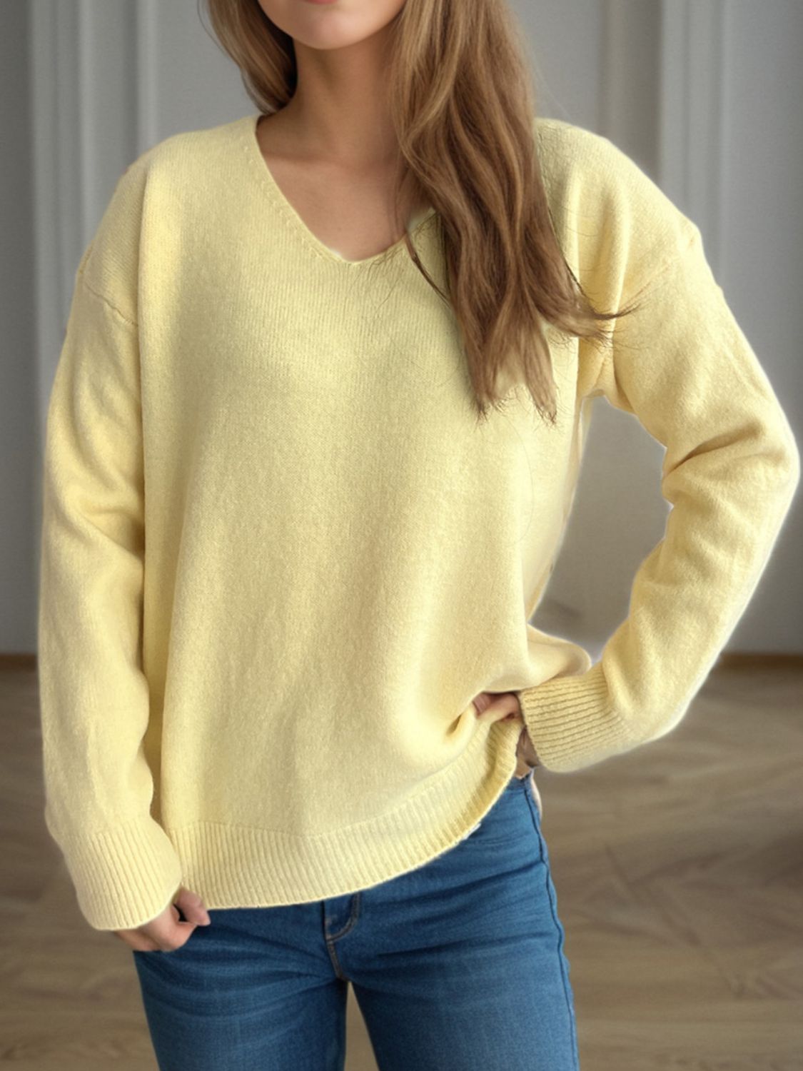 V-Neck Dropped Shoulder Long Sleeve Sweater-Angel Casuals