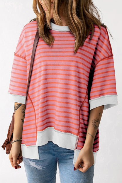 Striped Round Neck Half Sleeve T-Shirt-Angel Casuals