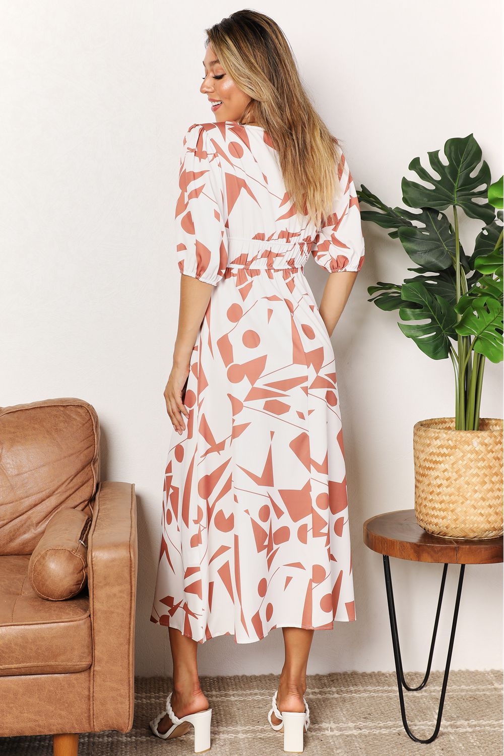 Printed Surplice Balloon Sleeve Dress-Angel Casuals