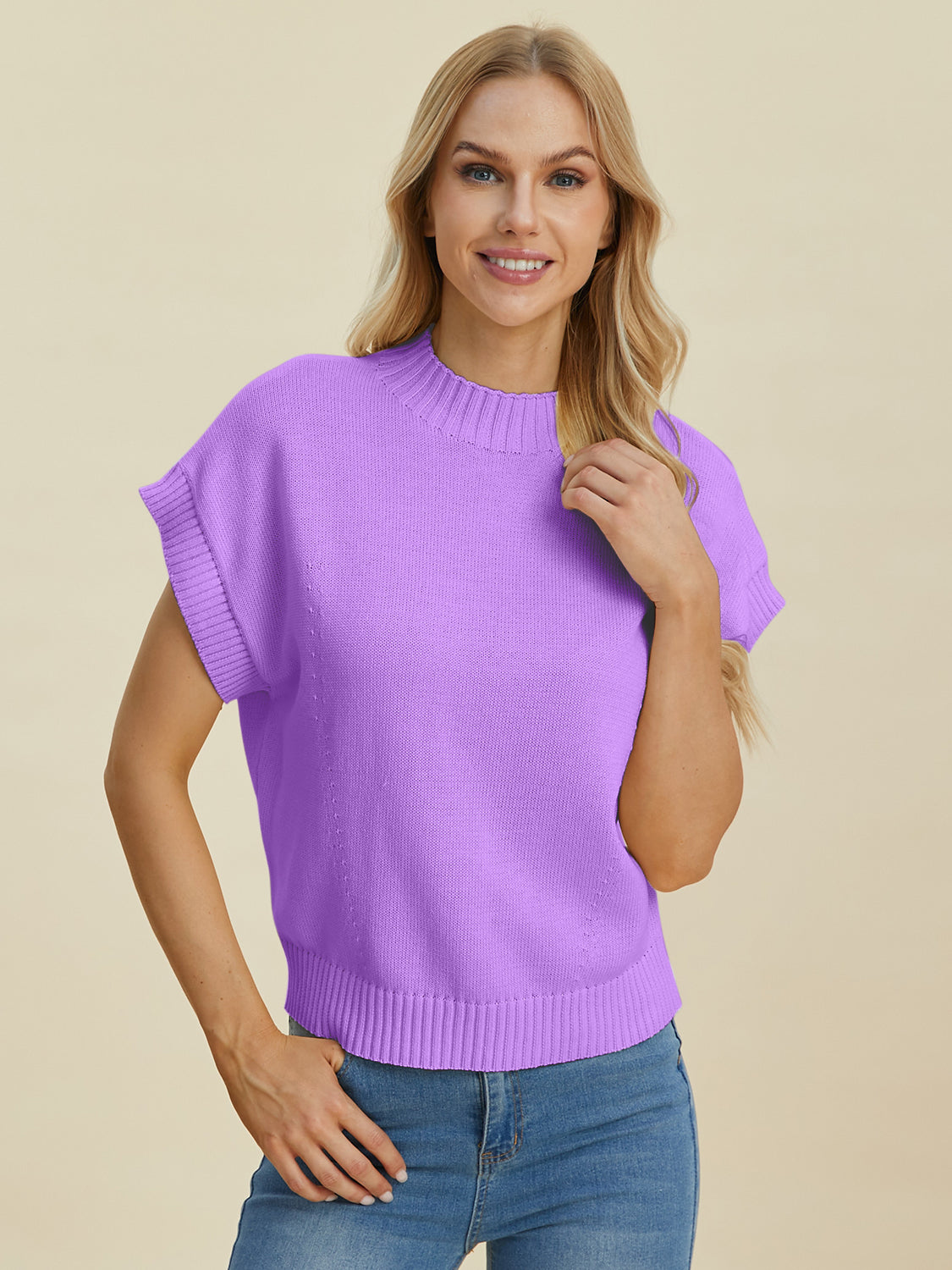 Double Take Full Size Mock Neck Short Sleeve Sweater-Angel Casuals