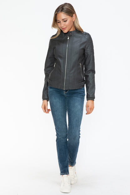 Snobbish PU Leather Biker Jacket with Side Zip Pockets-Angel Casuals