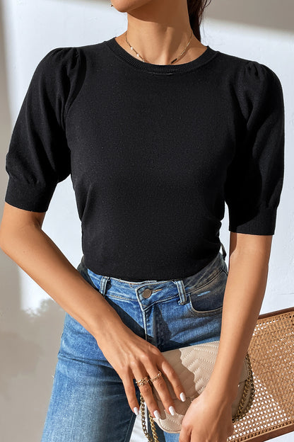 Round Neck Puff Sleeve Knit Top-Angel Casuals