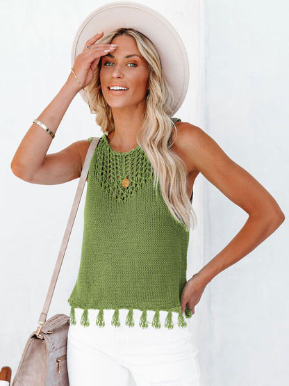 Cutout Tassel Round Neck Tank-Angel Casuals