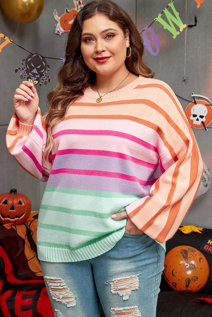 Plus Size Striped Round Neck Long Sleeve Sweater-Angel Casuals