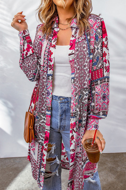 Printed Button Up Long Sleeve Cardigan-Angel Casuals