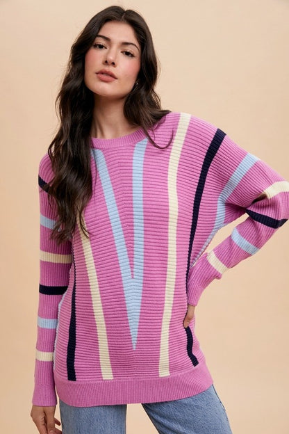 Annie Wear Chevron Stripe Round Neck Ribbed Sweater-Angel Casuals