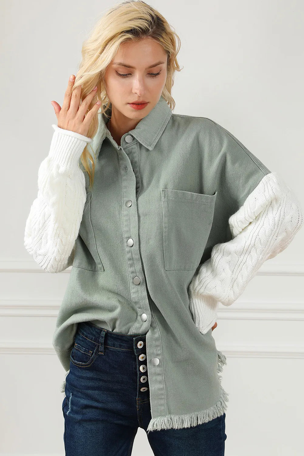 Raw Hem Collared Neck Button Up Long Sleeve Jacket-Angel Casuals