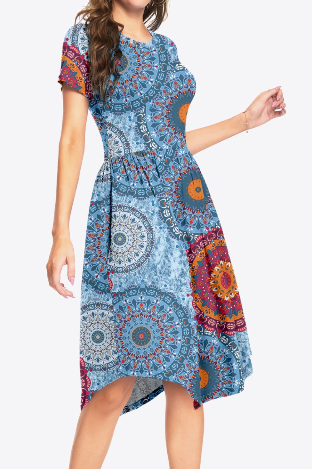 Printed Round Neck Short Sleeve Dress with Pockets-Angel Casuals