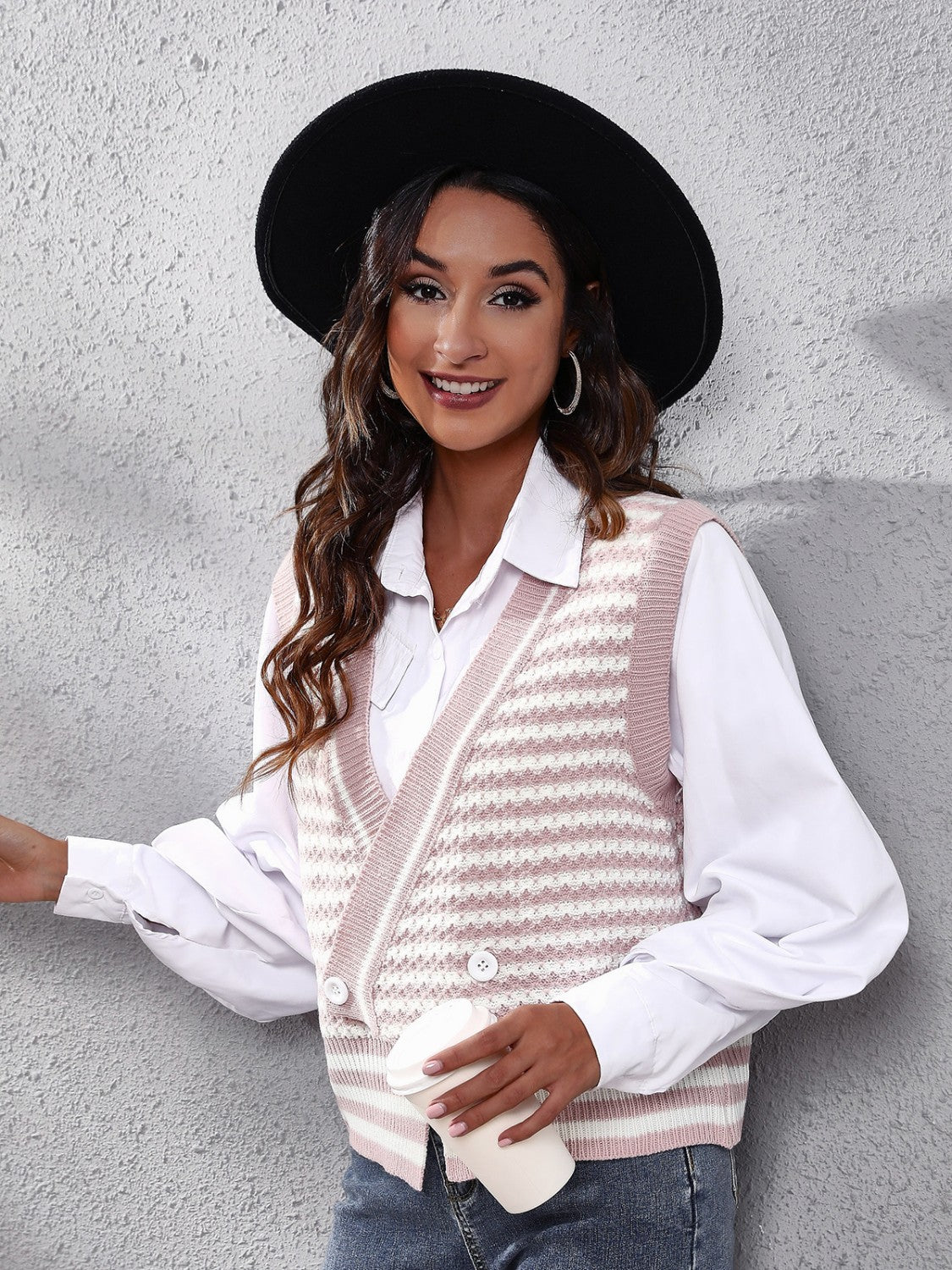 Striped Button Up V-Neck Sweater Vest-Angel Casuals