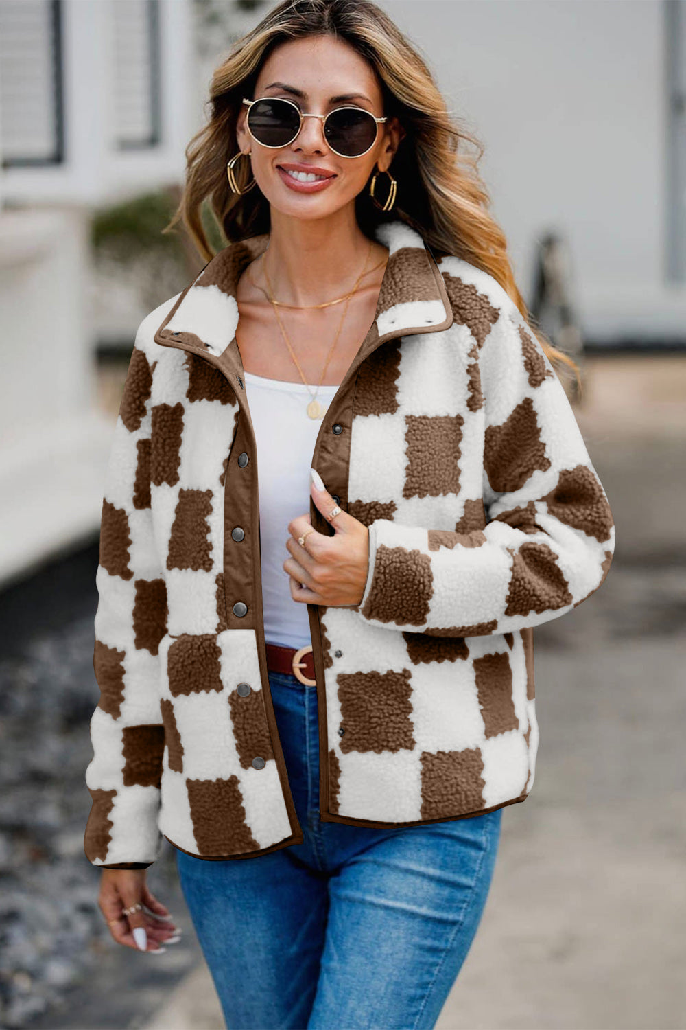 Checkered Snap Down Long Sleeve Teddy Jacket-Angel Casuals