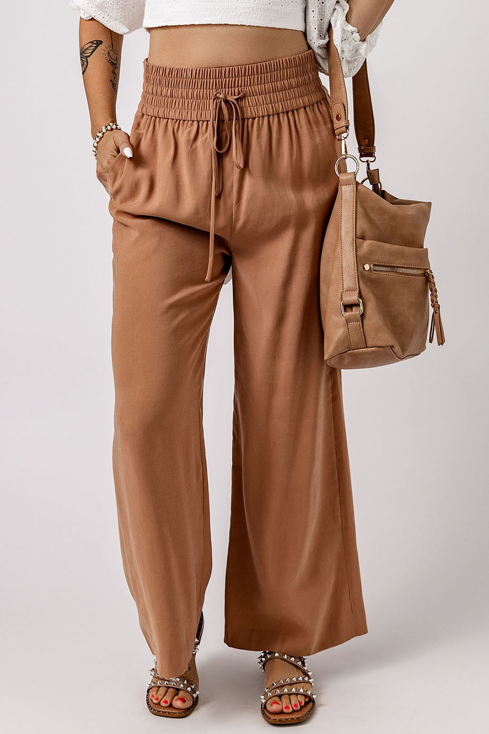 Drawstring Smocked Waist Wide Leg Pants-Angel Casuals