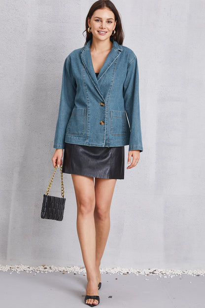 Pocketed Button Up Denim Jacket-Angel Casuals