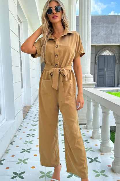 Tie Belt Buttoned Short Sleeve Collared Neck Jumpsuit-Angel Casuals