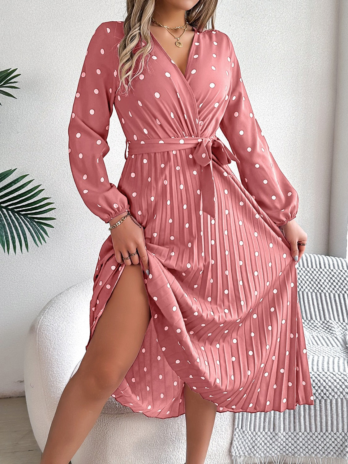 Tied Polka Dot Long Sleeve Midi Dress-Angel Casuals