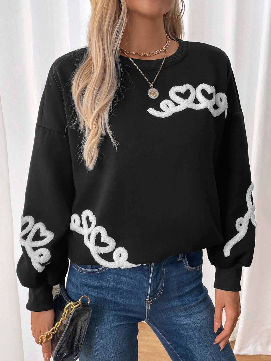 Perfee Heart Round Neck Long Sleeve Sweater-Angel Casuals