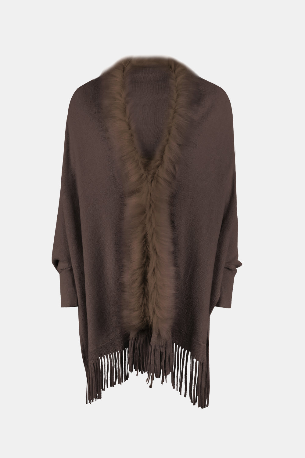Fringe Open Front Long Sleeve Poncho-Angel Casuals