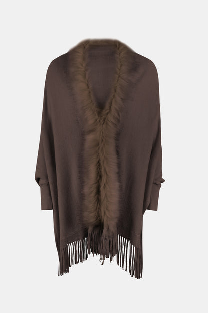 Fringe Open Front Long Sleeve Poncho-Angel Casuals