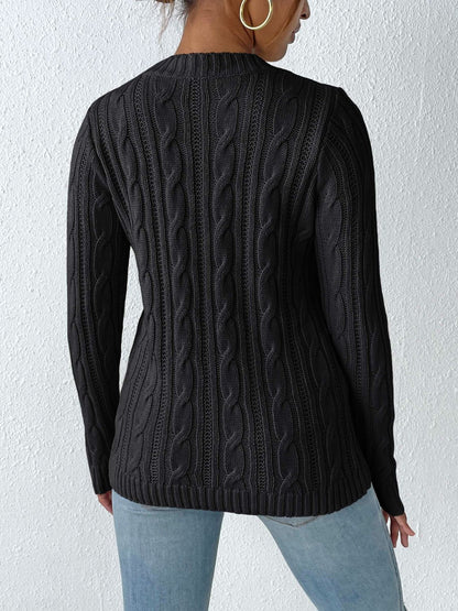 Cable-Knit Round Neck Long Sleeve Sweater-Angel Casuals