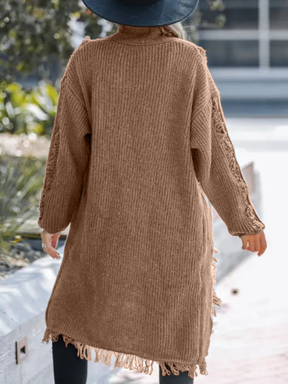 Fringe Open Front Long Sleeve Cardigan-Angel Casuals