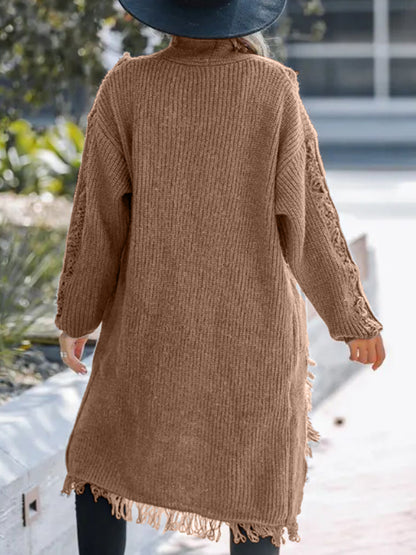 Fringe Open Front Long Sleeve Cardigan-Angel Casuals