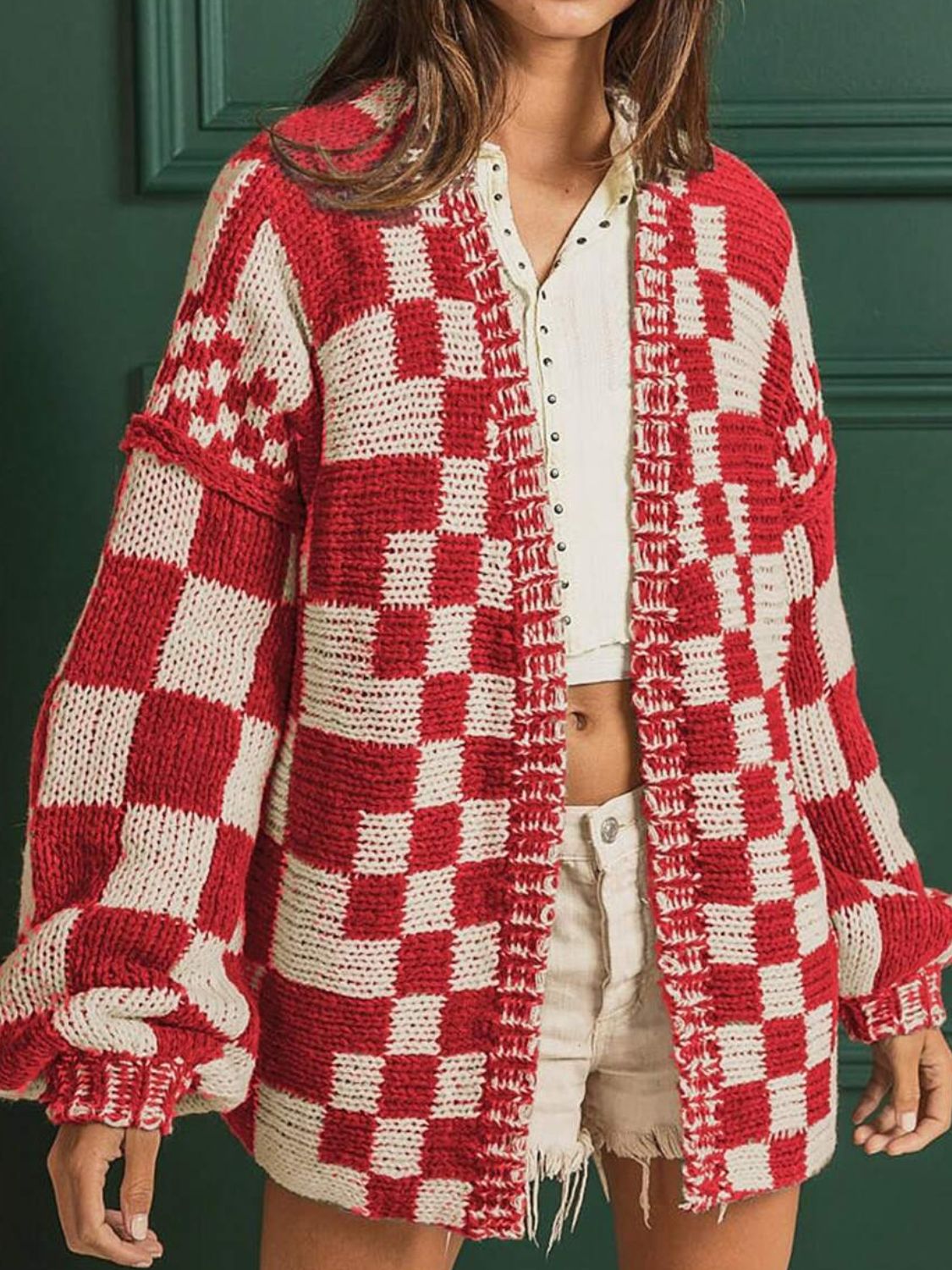 Checkered Open Front Long Sleeve Cardigan-Angel Casuals