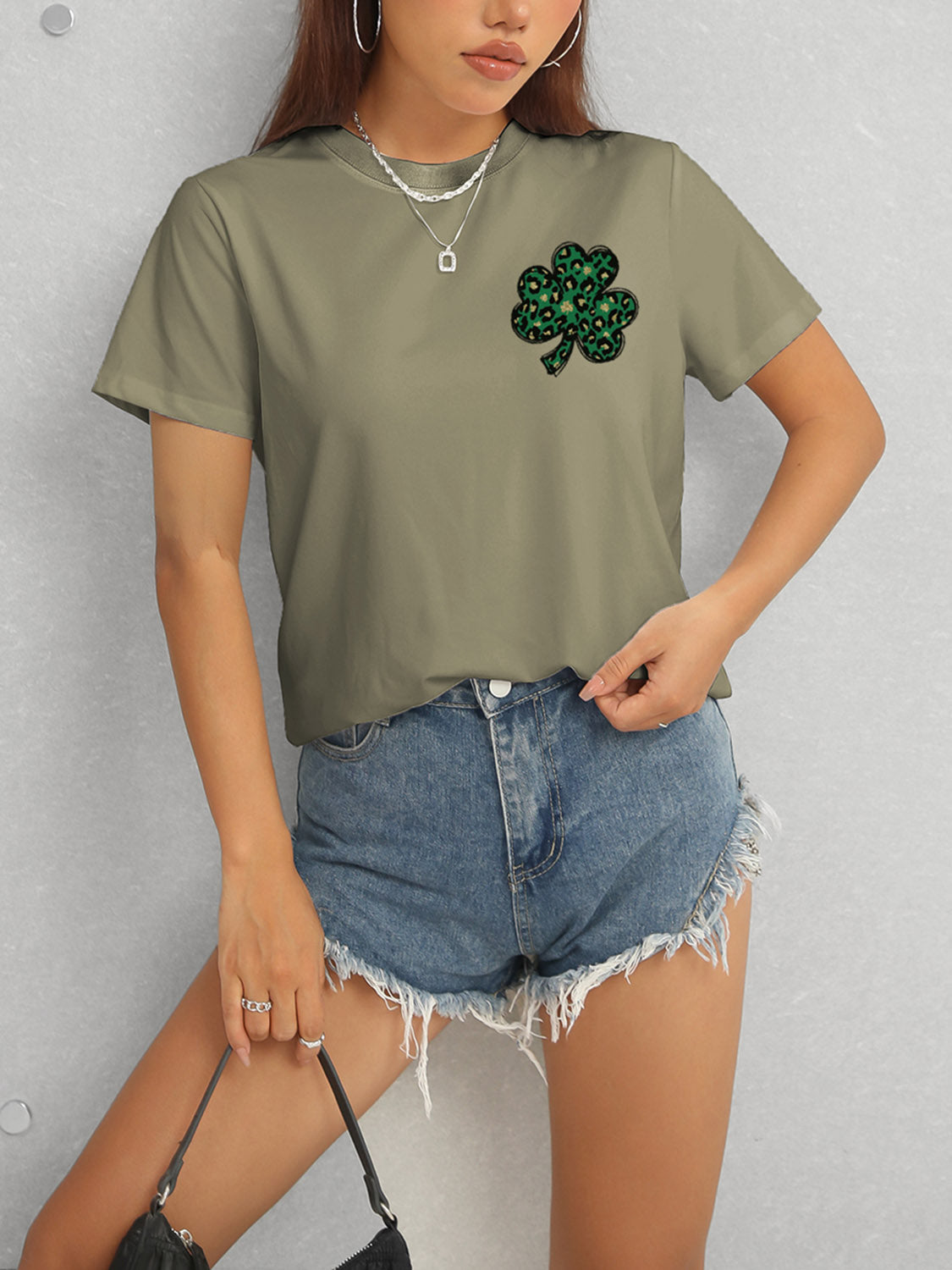 Lucky Clover Round Neck Short Sleeve T-Shirt-Angel Casuals