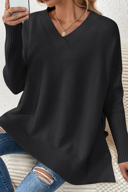 Slit V-Neck Dropped Shoulder Sweater-Angel Casuals