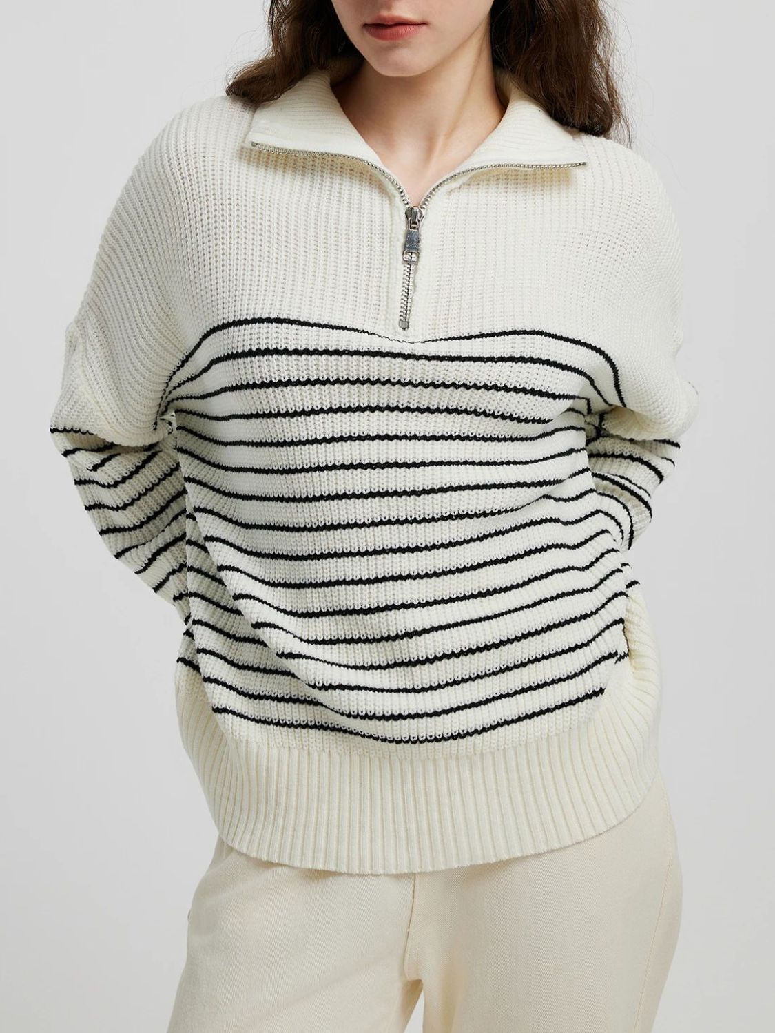 Striped Half Zip Long Sleeve Sweater-Angel Casuals