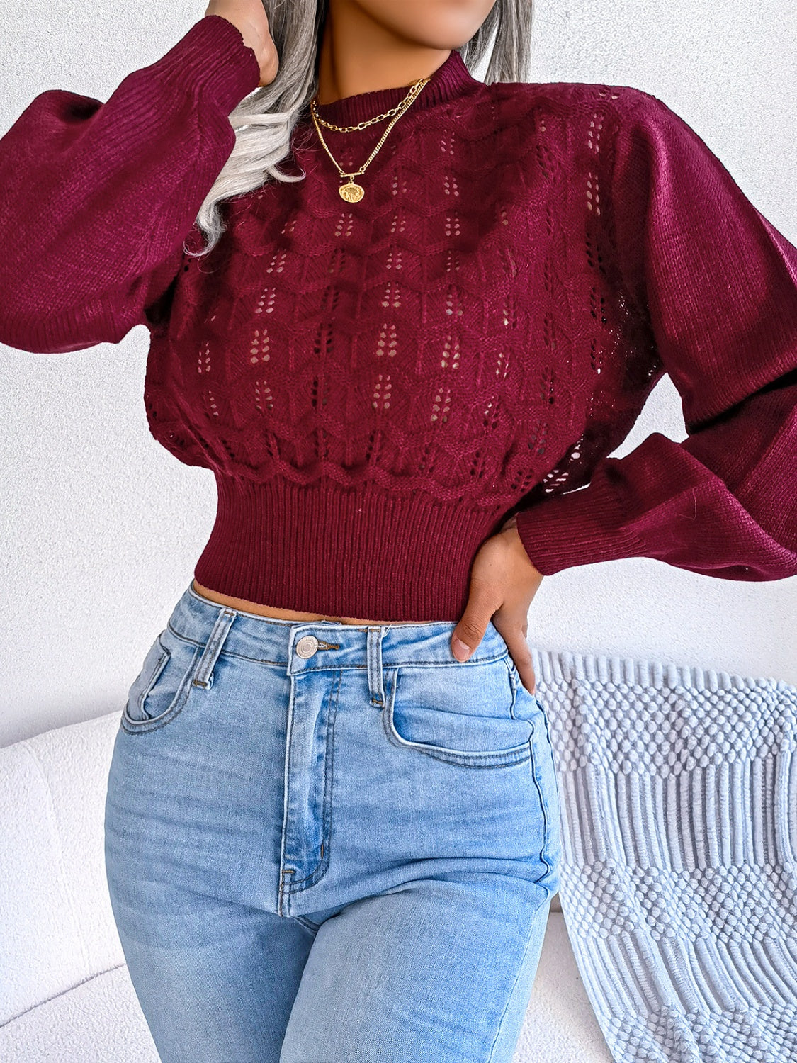 Openwork Mock Neck Long Sleeve Cropped Sweater-Angel Casuals