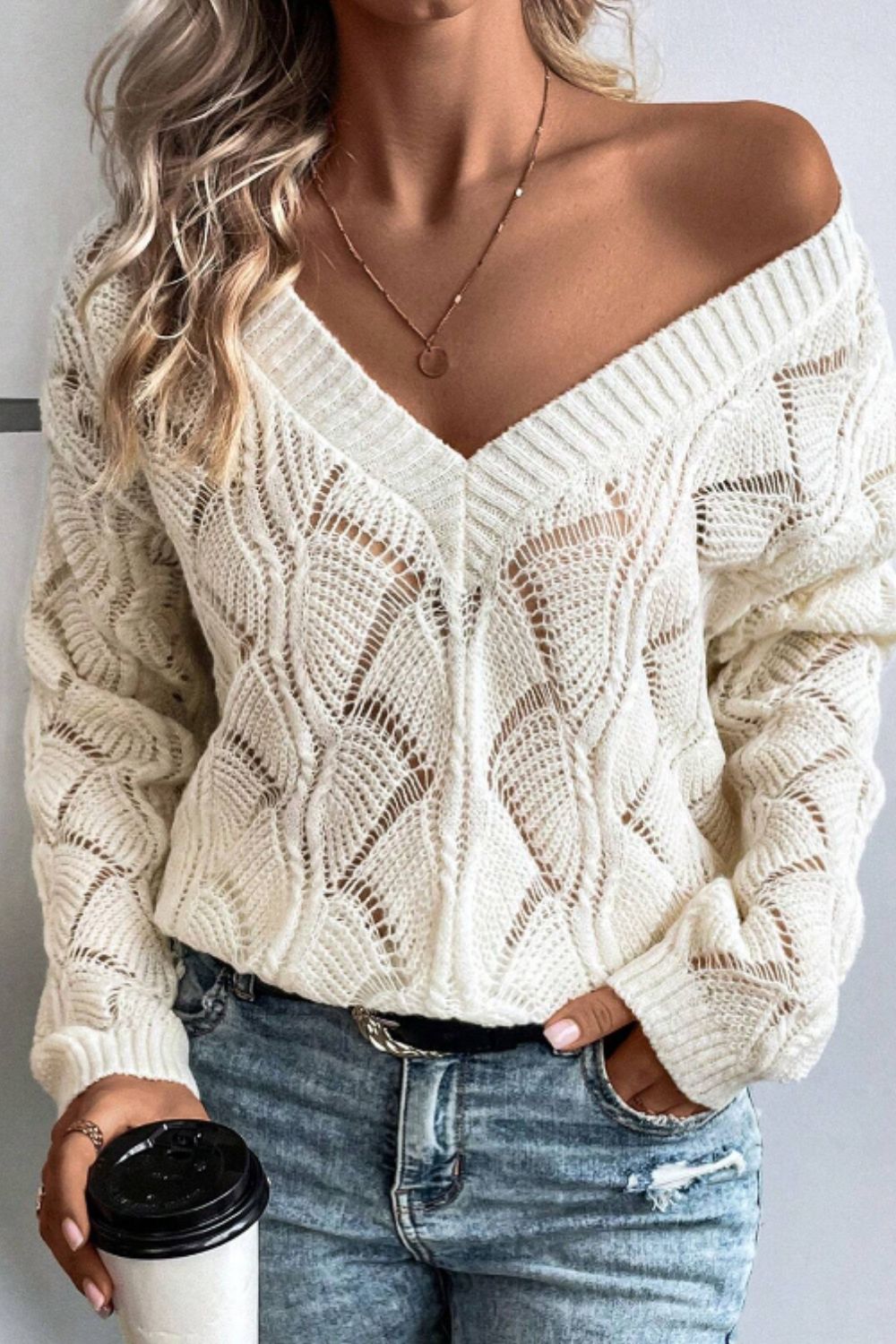 Openwork V-Neck Long Sleeve Sweater-Angel Casuals