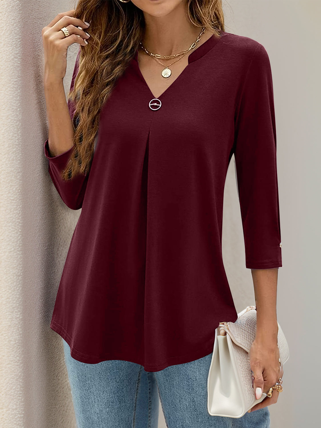 Notched Three-Quarter Sleeve T-Shirt-Angel Casuals