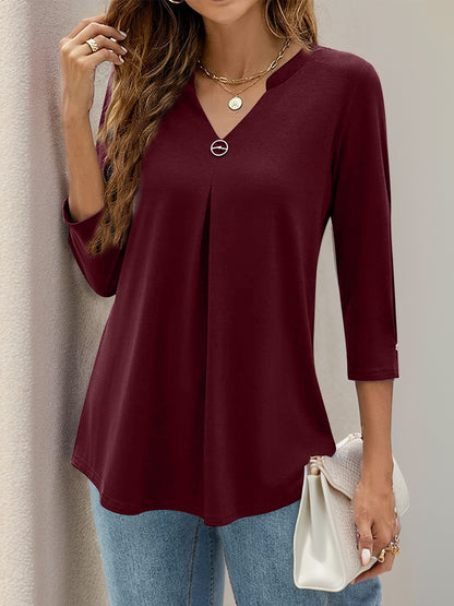 Notched Three-Quarter Sleeve T-Shirt-Angel Casuals