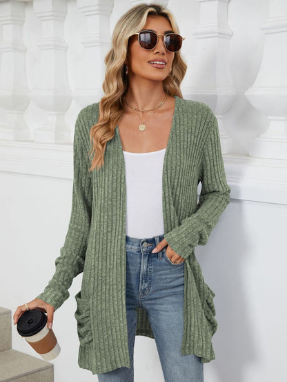 Pocketed Open Front Long Sleeve Cardigan-Angel Casuals