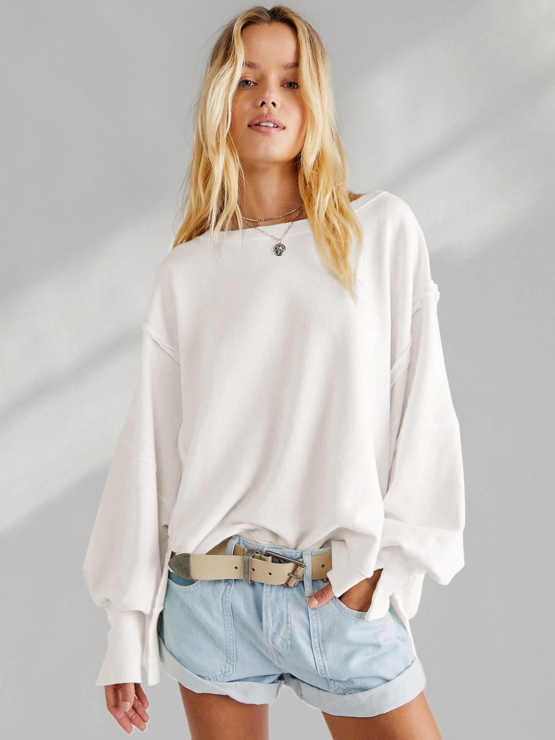 Slit Round Neck Dropped Shoulder T-Shirt-Angel Casuals