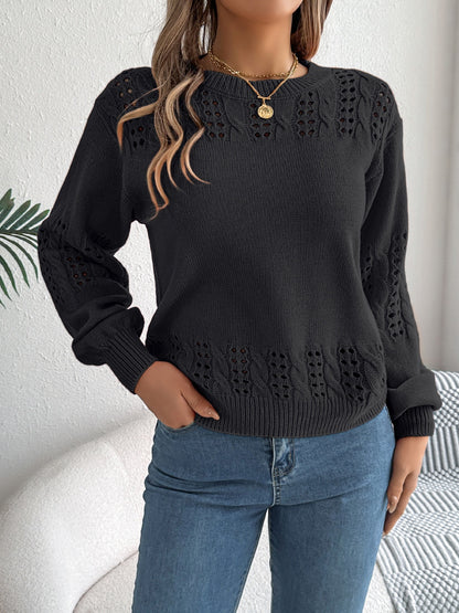 Openwork Round Neck Long Sleeve Sweater-Angel Casuals