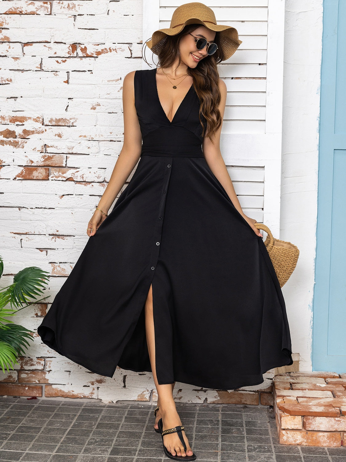 Full Size Slit V-Neck Sleeveless Midi Dress-Angel Casuals