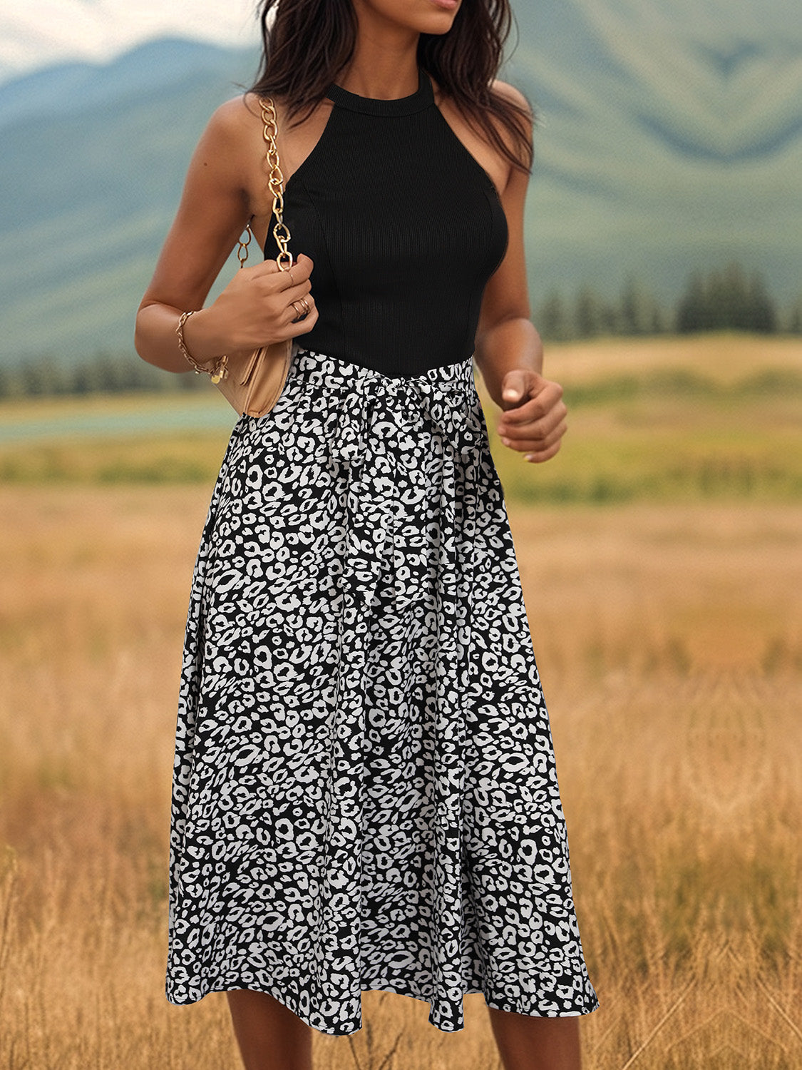 Leopard Halter Neck Midi Dress-Angel Casuals