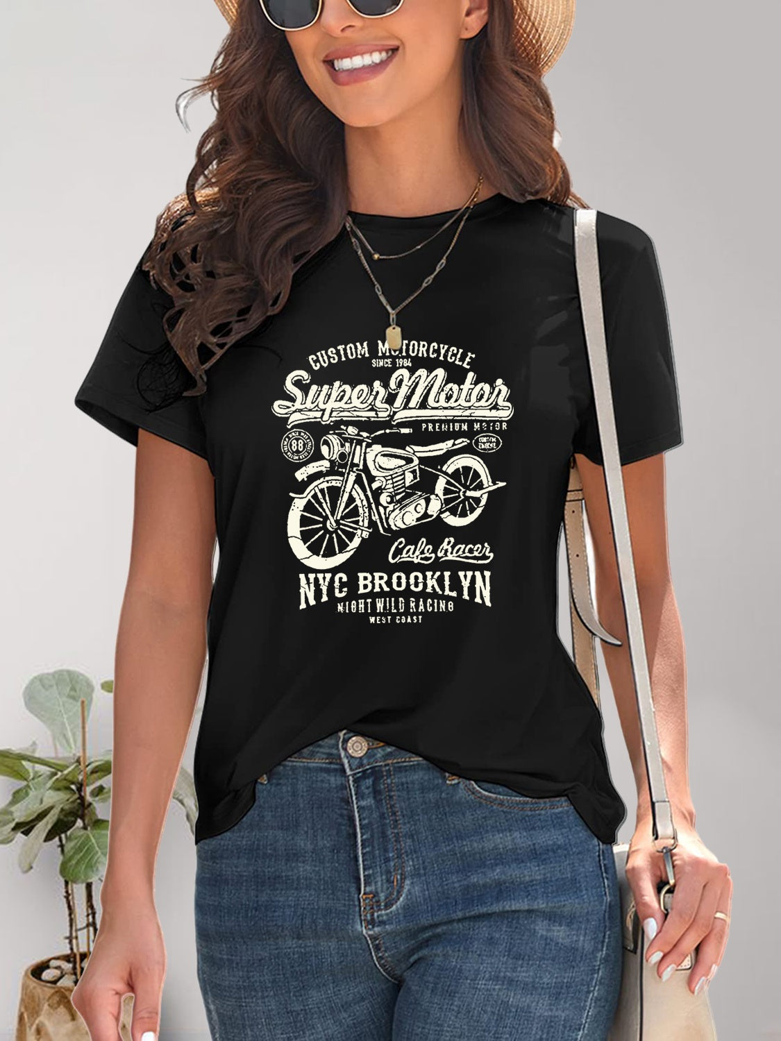 Motorcycle Graphic Round Neck T-Shirt-Angel Casuals